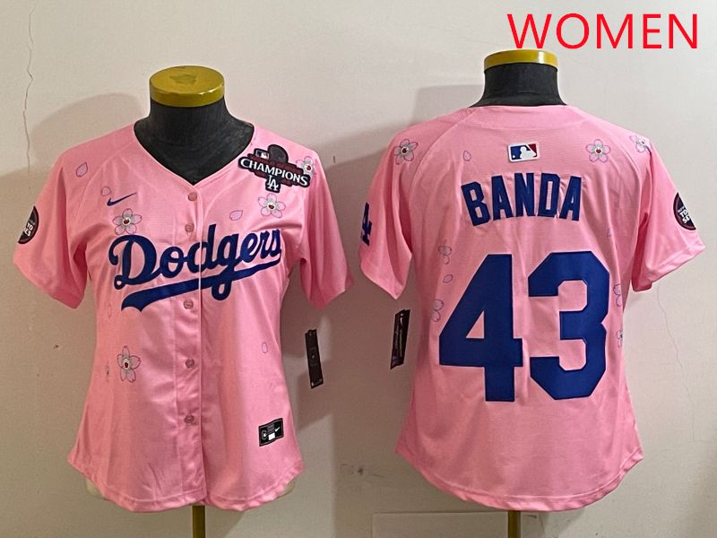 Women Los Angeles Dodgers #43 Banda Pink White Blue Sakura Edition 2025 Nike MLB Jersey style 6->women mlb jersey->Women Jersey